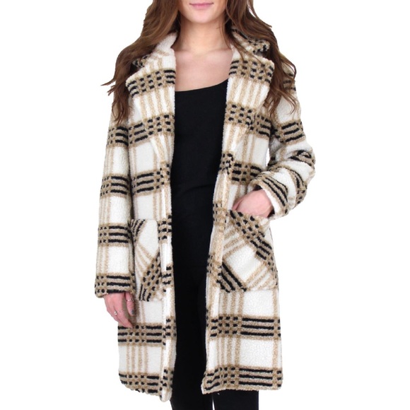 French Connection Jackets & Blazers - French Connection Faux Shearling Plaid Midi Coat